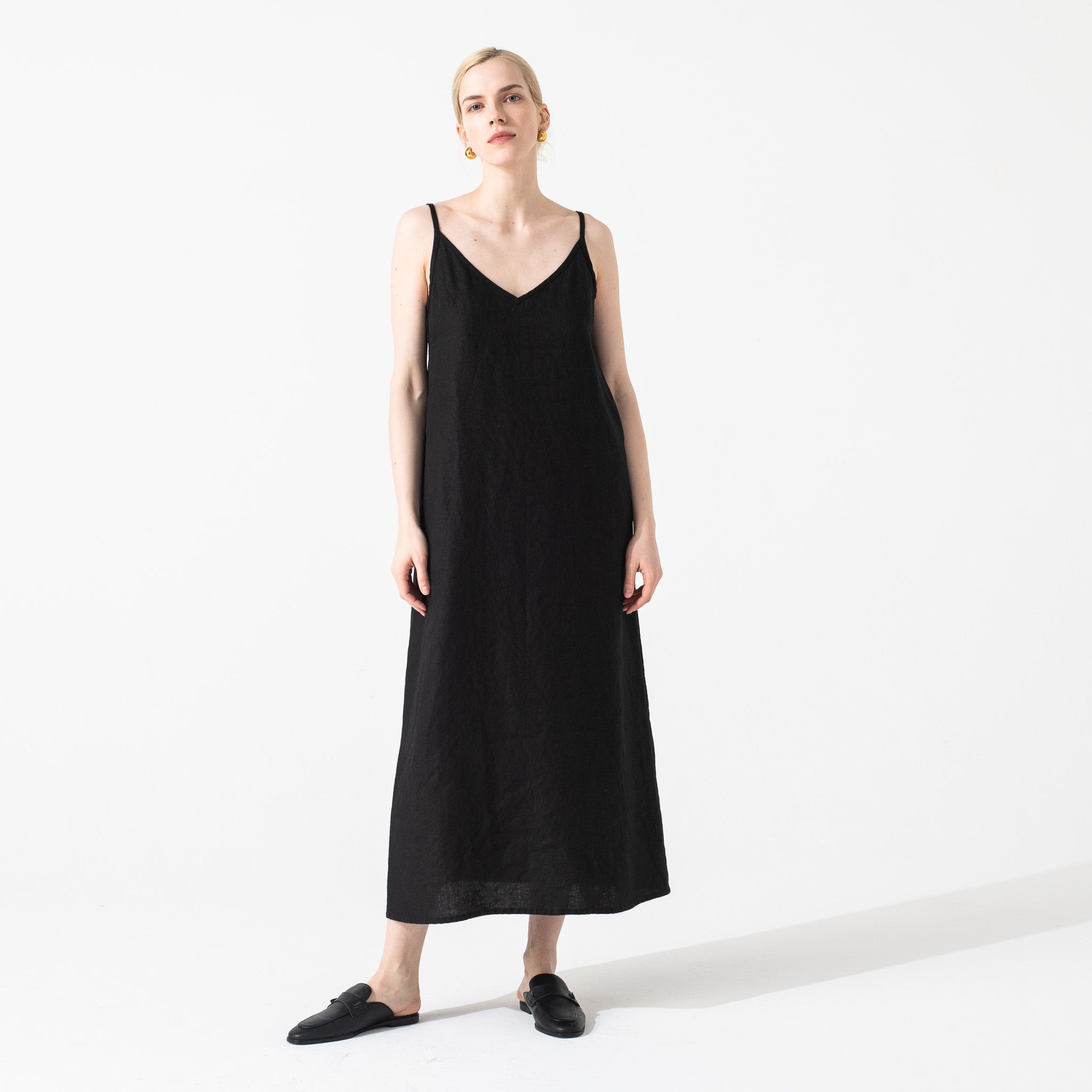 R: Langley-2 maxi slip linen dress in BLACK