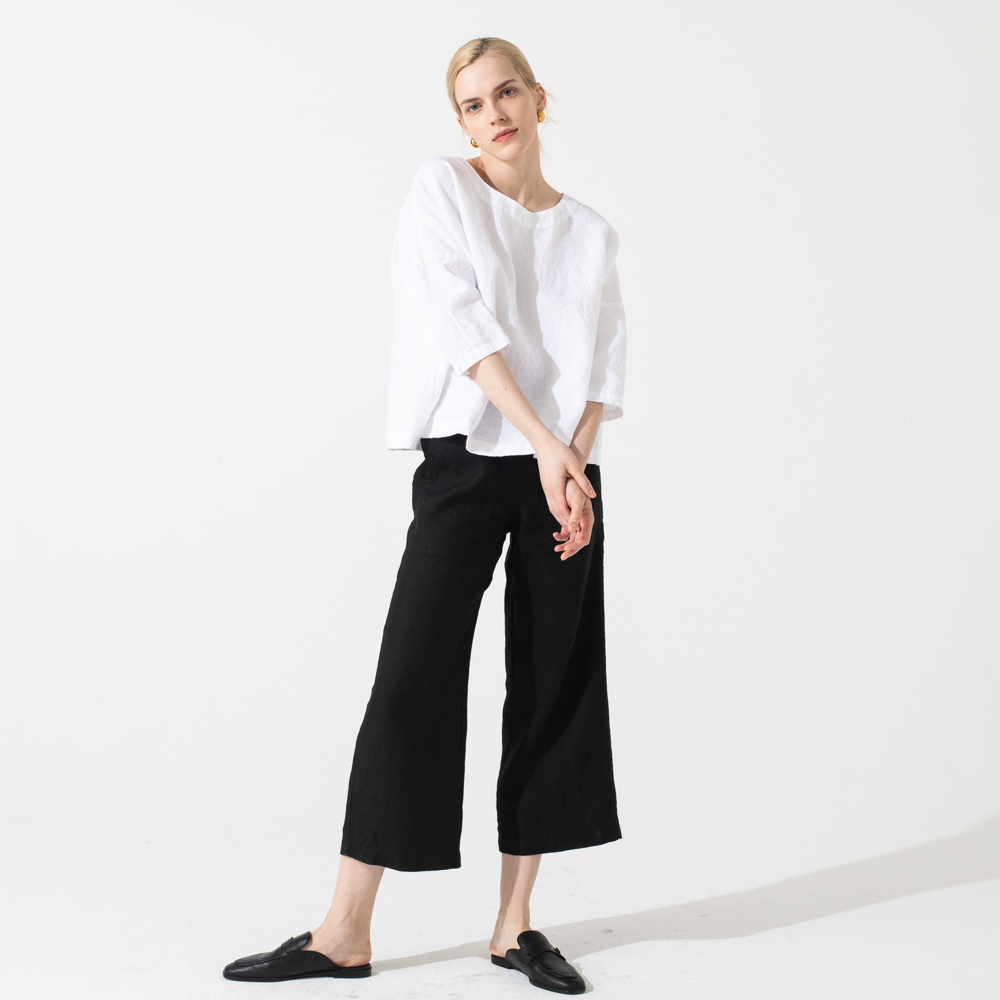 R: PUGLIA fitted linen pants in Black