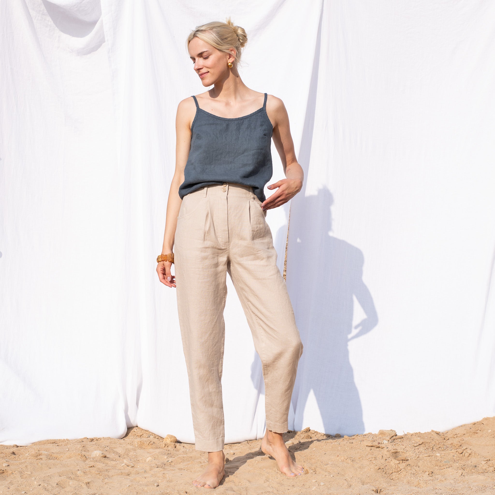 R: DAMME high-waisted pleated front linen pants in Oat Milk