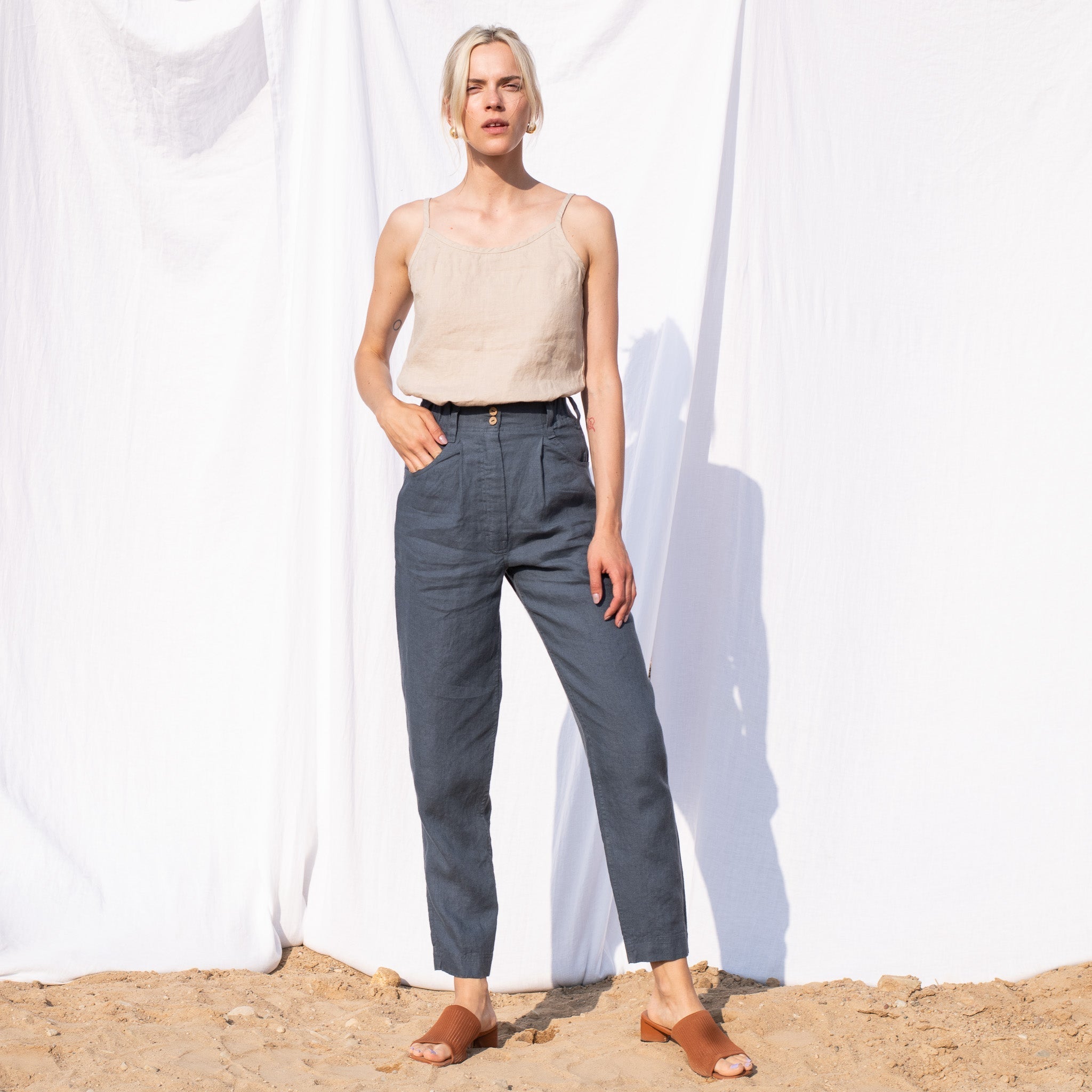R: DAMME high-waisted pleated front linen pants in Dark-Grey-Blue