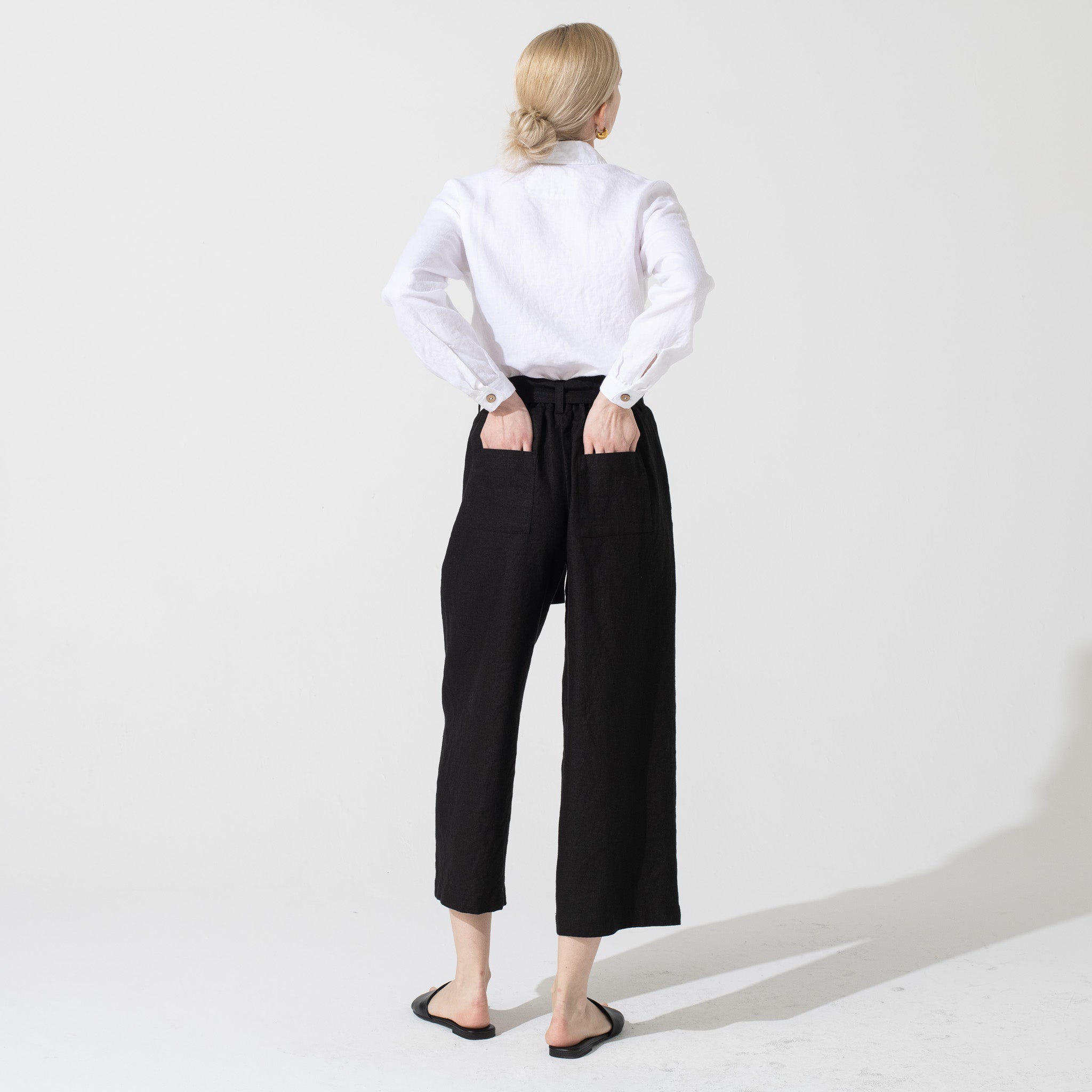 ORLEANS pleated front wide leg linen pants in Black